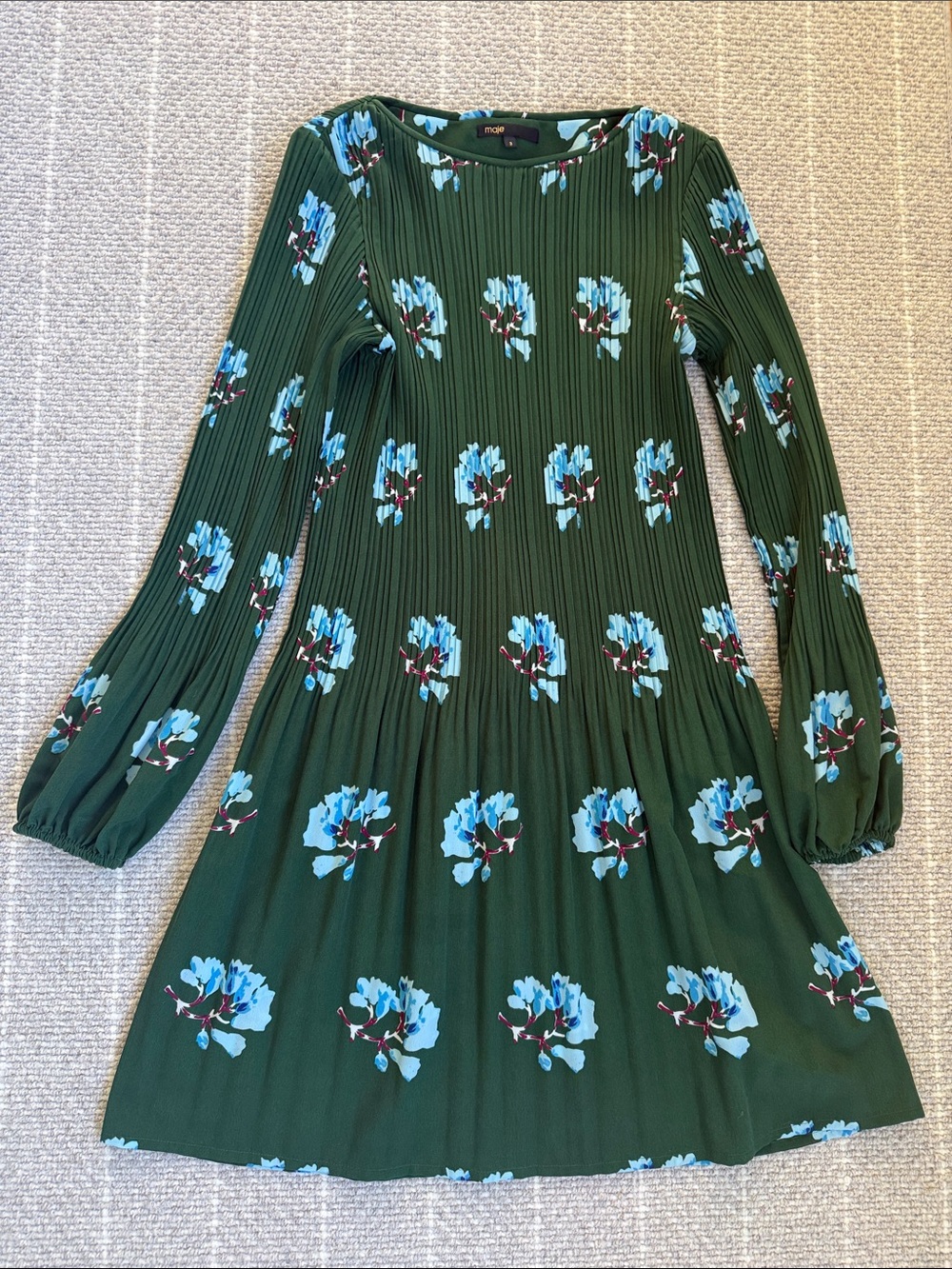 Maje Women’s Green Long-Sleeve Floral Dress with Blue Print Size 3